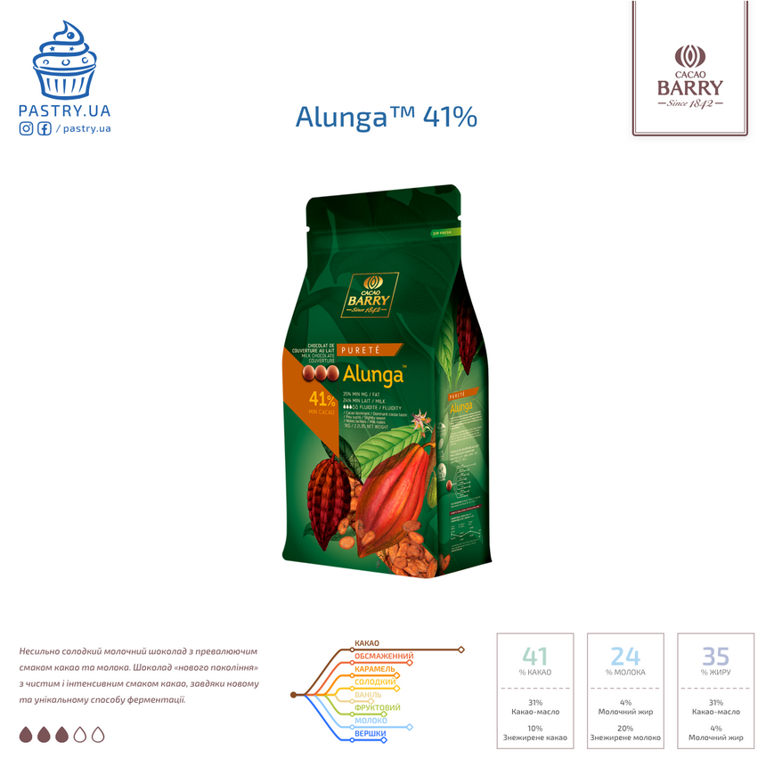 Шоколад Alunga™ 41% молочний (Cacao Barry), 100г