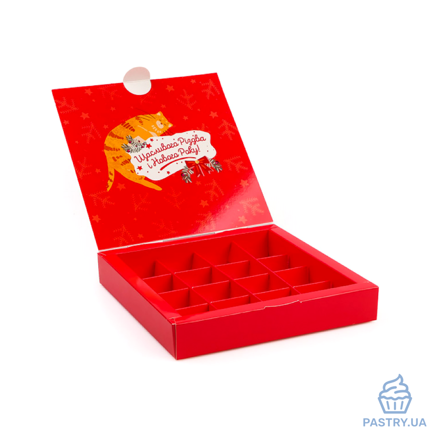 Коробка на 16 Цукерок червона "Подарунок під ялинку" 185×185×30мм (Vals)