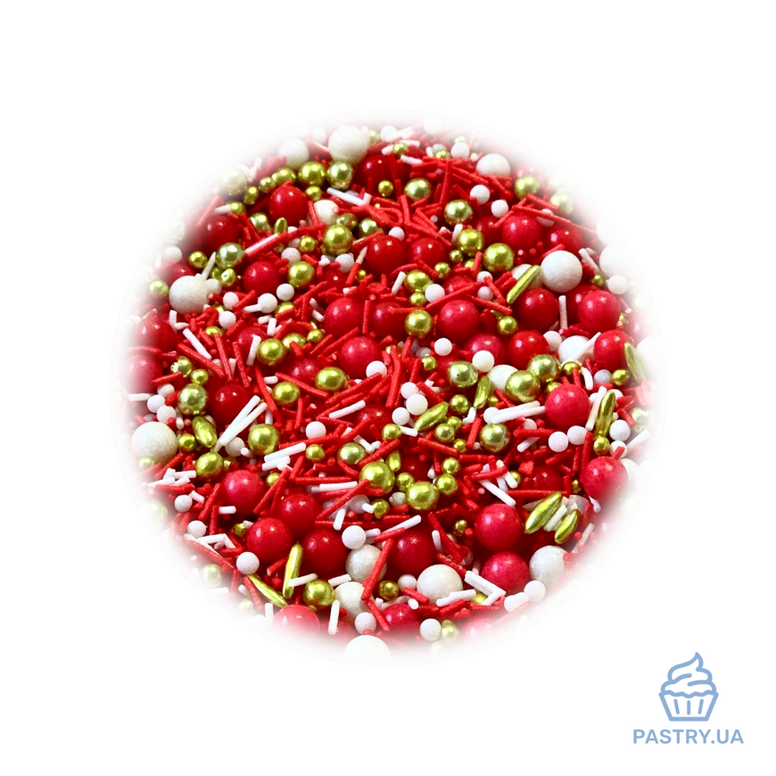Sugar Decor mix "Santa" – white, red & gold balls, sticks & X-mas trees (S&D pearls), 50g
