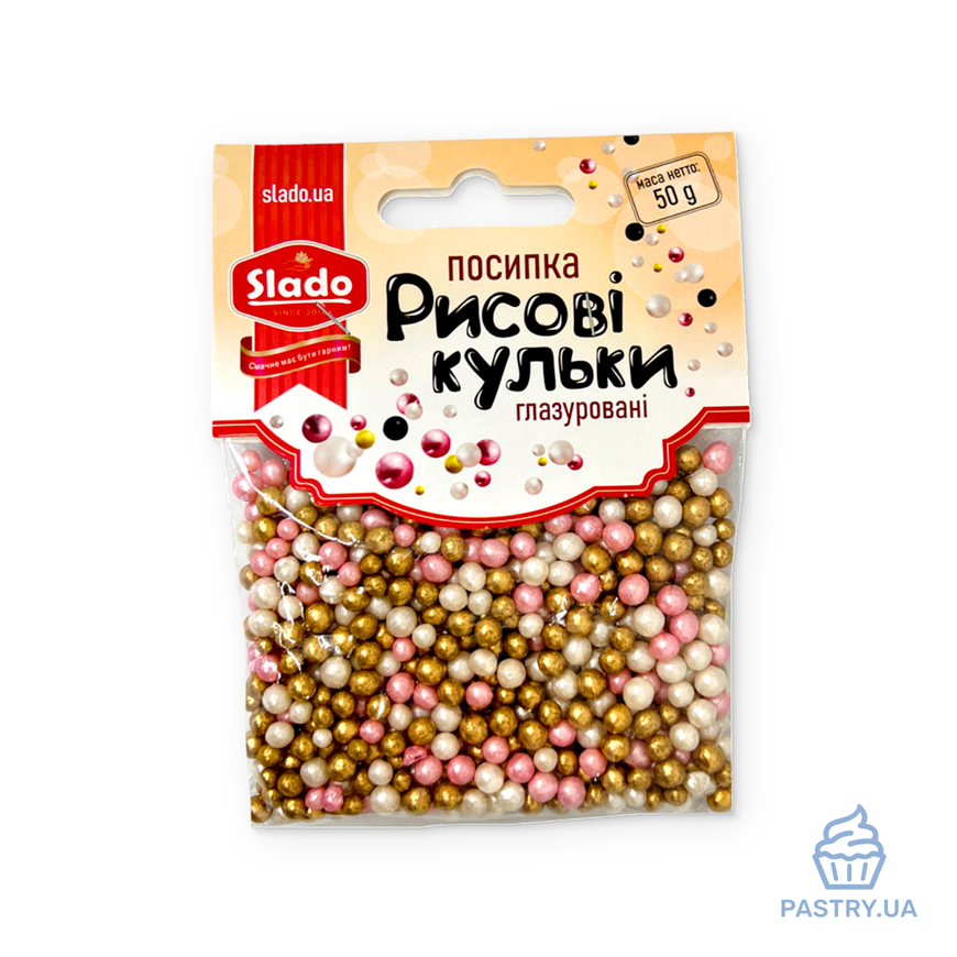 Посипка мікс "Рожеві-білі-золоті" рисові кульки глазуровані, 50г (Slado)