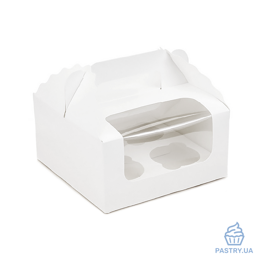 Коробка для 4х Капкейків з віконцем і ручками біла 170×170×85мм (Vals)